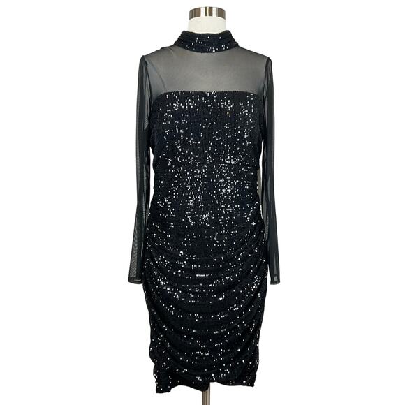 Eliza J Women's Cocktail Dress Size 8 Black Sequined Long Sleeve Midi Sheath - Picture 1 of 13